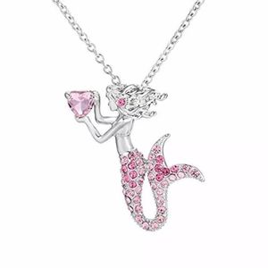 Heart Shaped Pink Crystal Mermaid Pendant Necklace